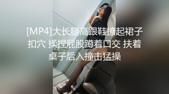 [MP4]大长腿高跟鞋撩起裙子扣穴 揉捏屁股蹲着口交 扶着桌子后入撞击猛操